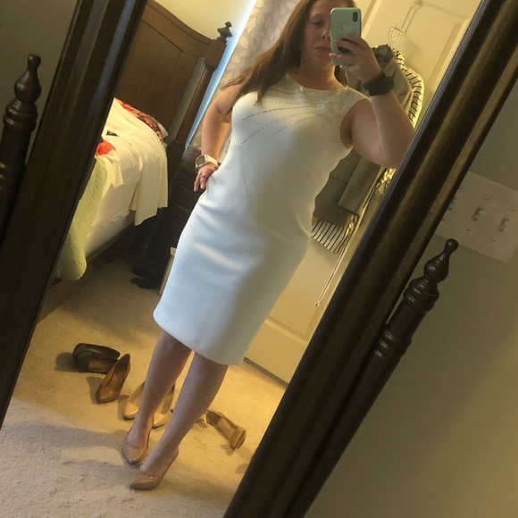 Calvin Klein Embellished Scuba Sheath Dress Cream Size 10 - Picture 8 of 8